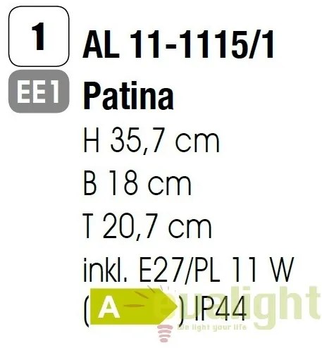 Aplica de perete exterior stil clasic IP44 Kiko AL 11-1115/1 Patina OR