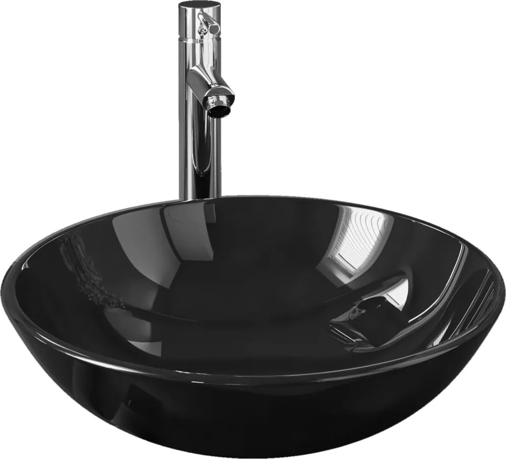 vidaXL Chiuvetă baie robinet și scurgere tip push, negru sticlă călită