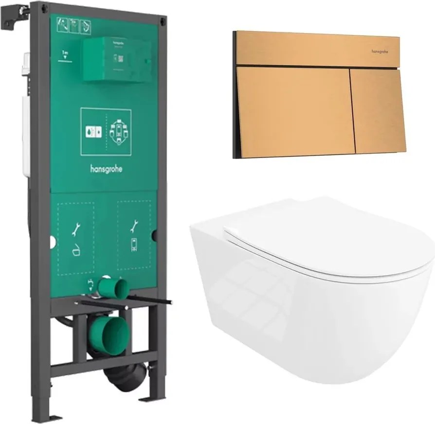 Rezervor incastrat Hansgrohe iFrame 112 cm cu clapeta iFrame Element E bronz periat plus vas WC Rune Ivaldi Grande alb cu capac softclose