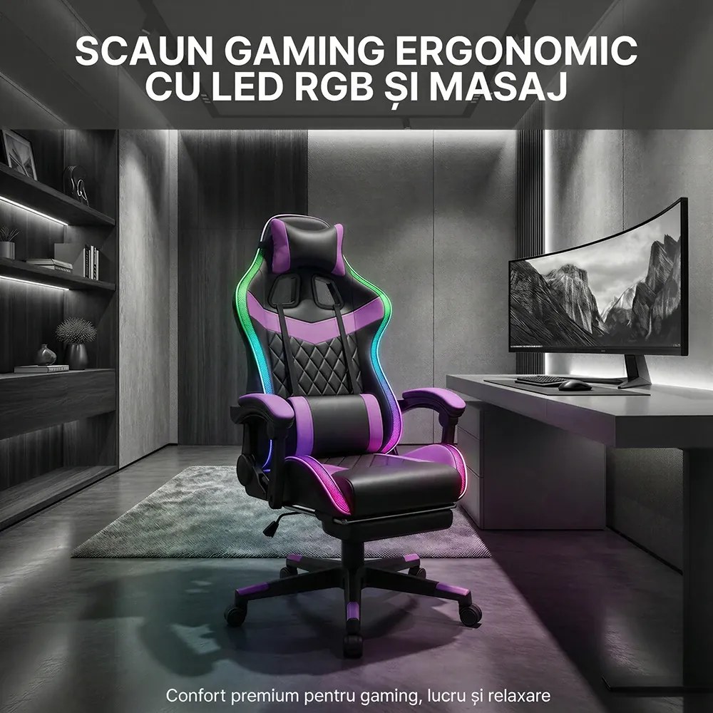 Scaun gaming, sistem iluminare bandă LED RGB, masaj în perna lombară, suport picioare, Negru/Mov
