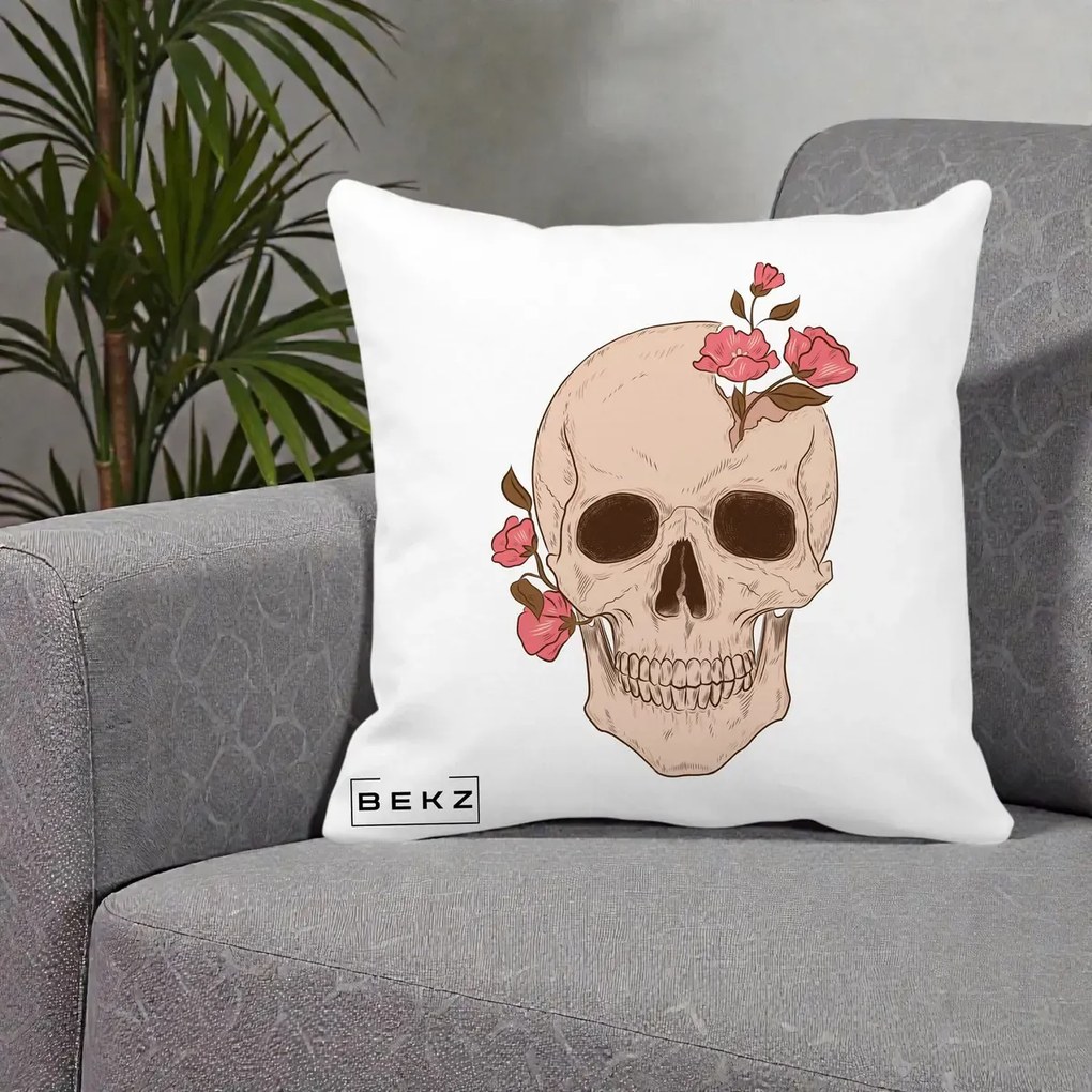 Perna Decorativa Craniu Floral Gothic, 40x40 cm, Alba Mata, Husa Detasabila, Perna Inclusa, BEKZ®