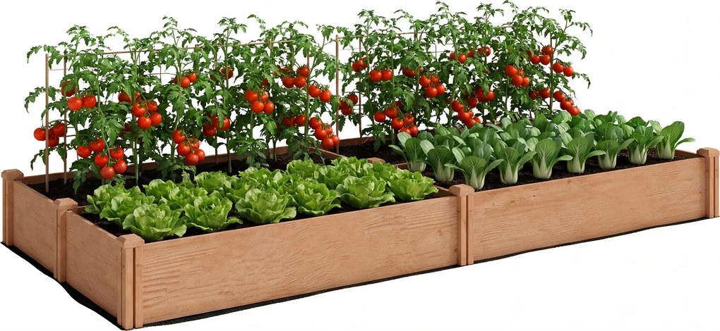 Outsunny Pat de grădină pătrat din lemn, 4 zone de cultură, fond deschis, montaj fără unelte, 234x109x25cm, maro deschis | Aosom Romania