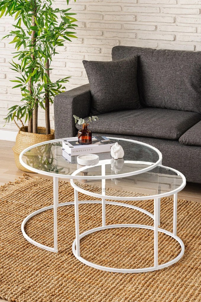 Set măsuțe cafea Belende (alb + sticlă). 1127424