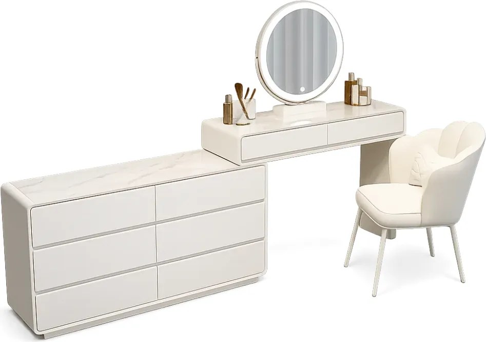RESIGILAT- Set AUDREY ELEGANCE – Masă de Toaletă pentru Machiaj cu Oglindă iluminată LED, Control Touch, Comodă, Scaun, Alb