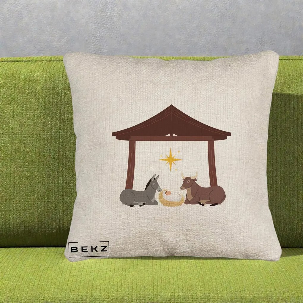 Perna Decorativa Ieslea din Betleem cu Iesle Asin si Bou, 40x40 cm, Bej Canapea, Husa Detasabila, Perna Inclusa, BEKZ®