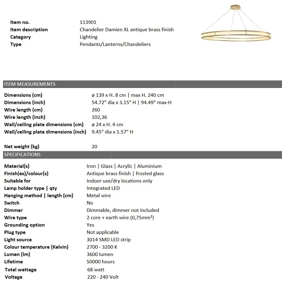 Lustra LUX dimabila, diametru 140cm, Damien XL alama antic 113901 HZ