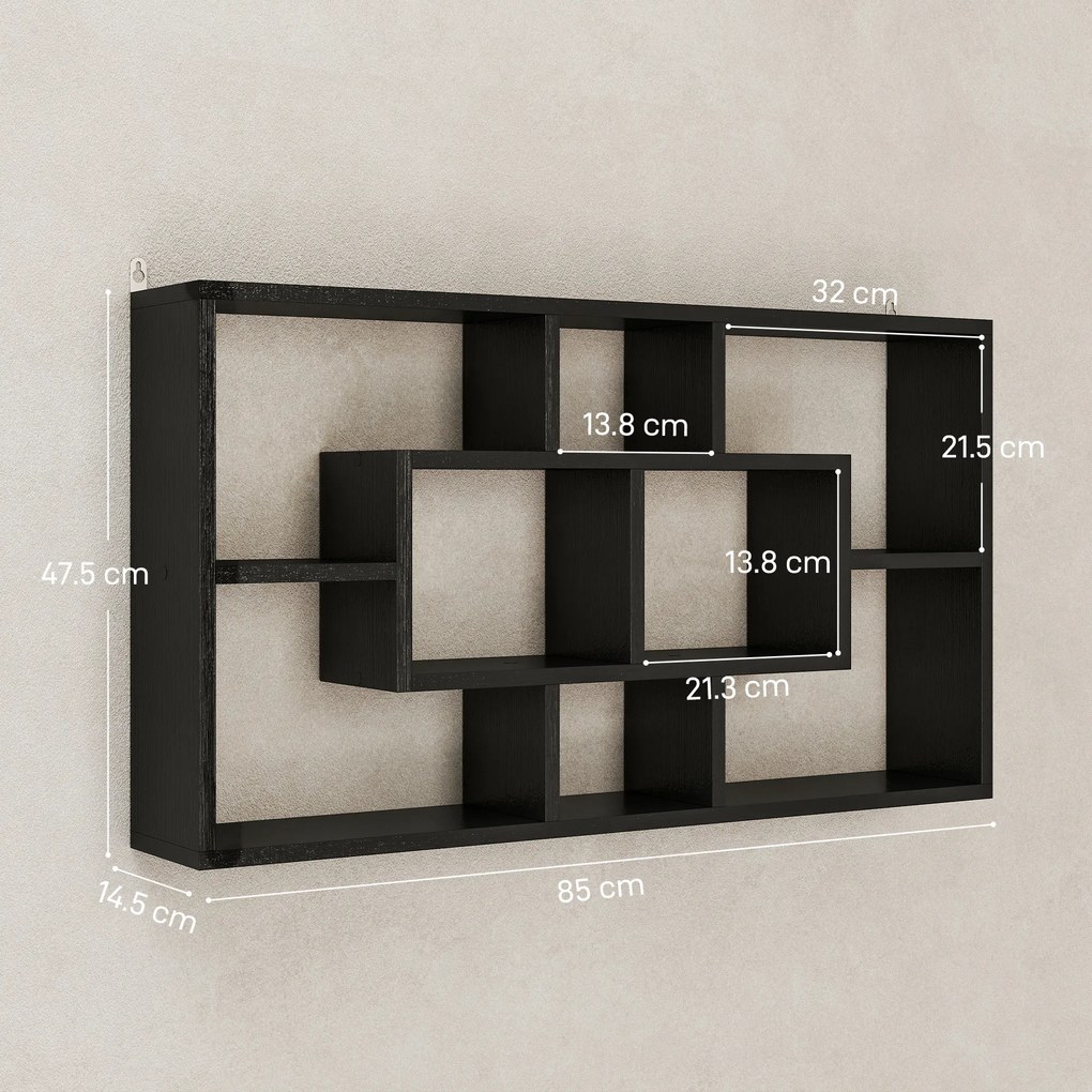 HOMCOM Etajeră de Perete cu 8 Compartimente, 85 x 14,5 x 47,5 cm, Lemn, Negru | Aosom Romania