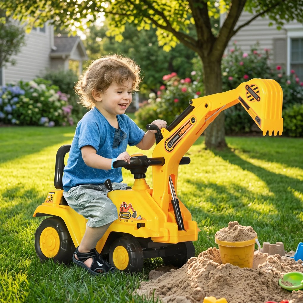 HOMCOM Excavator pentru copii cu cupă și spațiu de depozitare, claxon, volan, 18-48 luni, galben | Aosom Romania