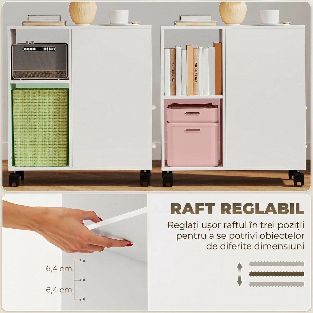 HOMCOM Măsuță de Living cu Roți, 2 Sertare, Raft Deschis și Poliță Reglabilă, Măsuță pentru Dormitor sau Living, 60x30x65 cm, Alb | Aosom Romania