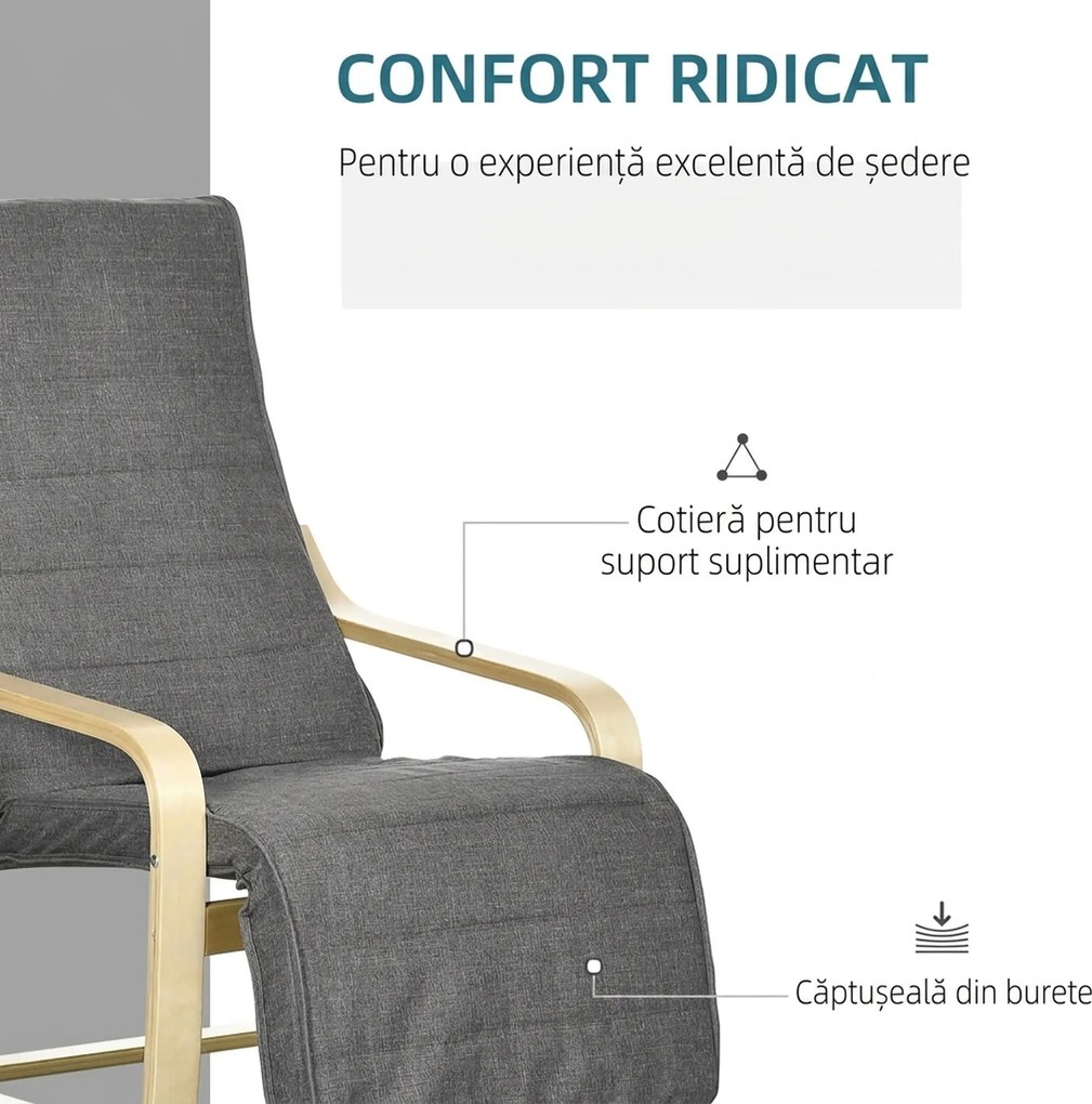 HOMCOM Fotoliu Relax cu Suport picioare pe 5 Niveluri si Tetiera, Fotoliu Ergonomic din Lemn de Mesteacan si Tesut, Gri