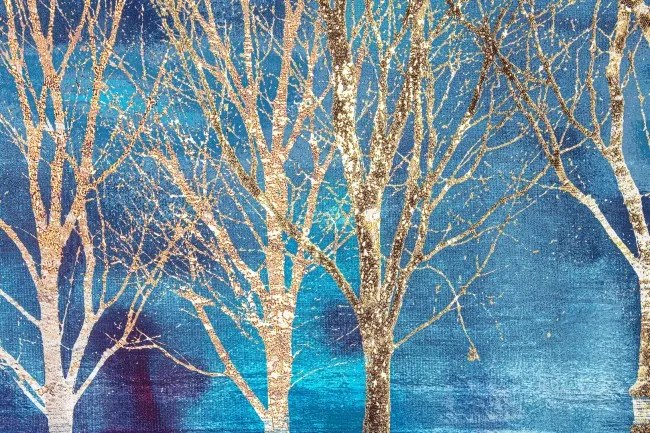 Tablou decorativ albastru/auriu din lemn de Pin si panza, 100x3,2x70 cm, Galeria Trees Bizzotto