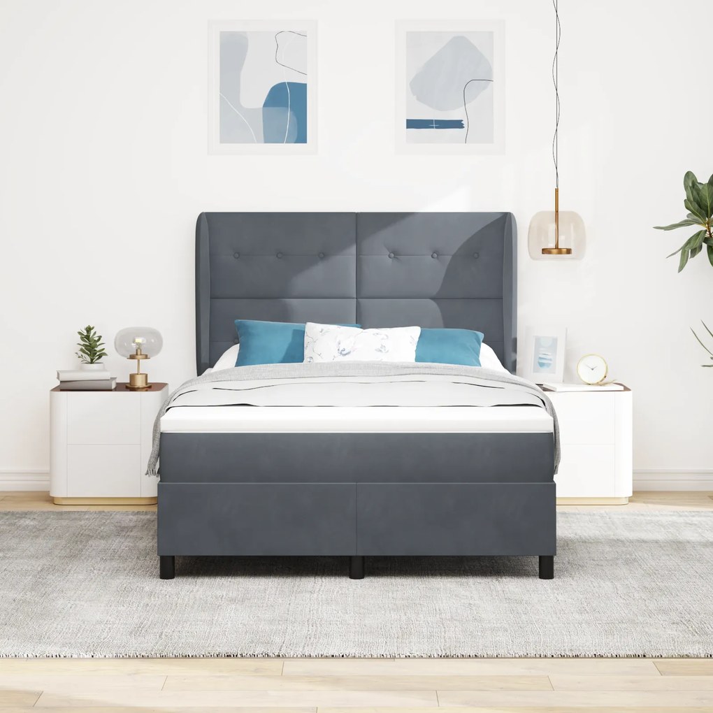 vidaXL Pat cu saltea cu arcuri - Gri închis - 140x200 cm - Catifea