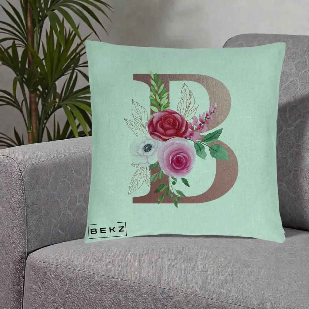 Cadou Personalizat - Perna Personalizata Monograma Rose Gold Litera B, 40x40 cm, Verde Menta, Husa Detasabila, Perna Inclusa, BEKZ®