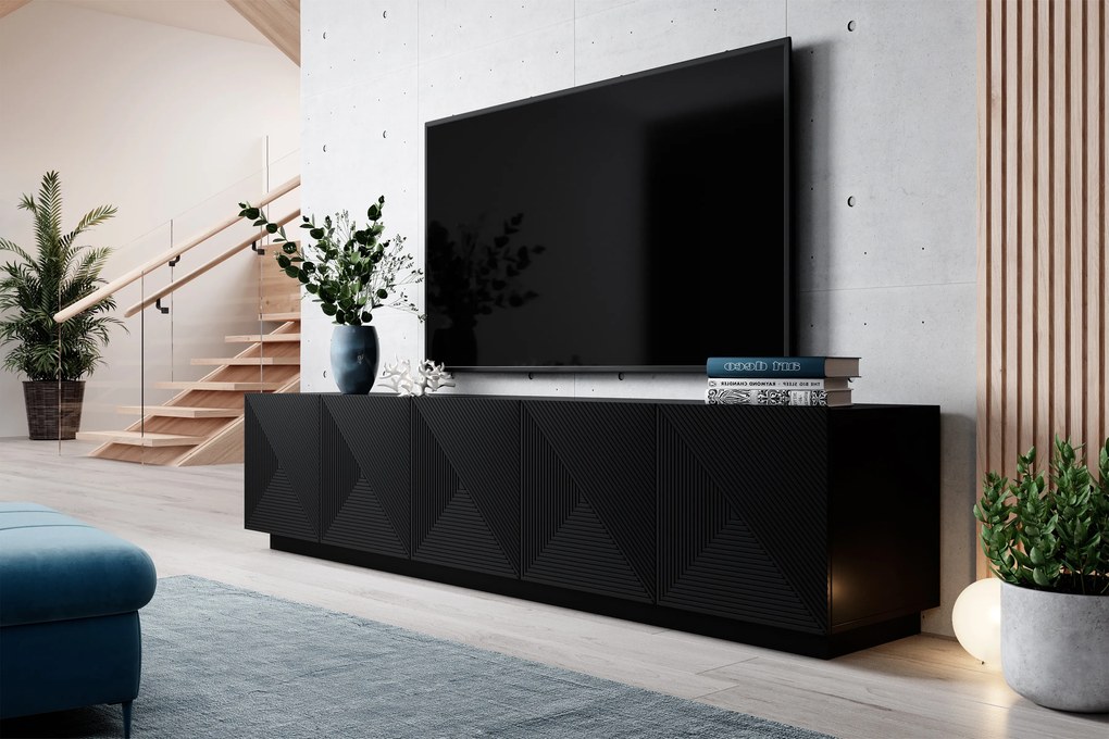 Comodă TV Asha 200 cm cu 5 uși - negru mat
