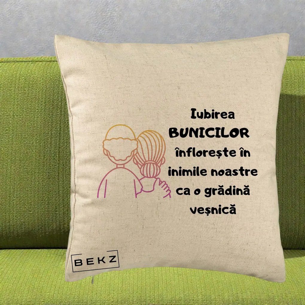 Cadou pentru Bunici - Perna Personalizata Iubirea Bunicilor Infloreste Cuplu Line Art Gradient, 40x40 cm, Bej, Husa Detasabila, Perna Inclusa, BEKZ®