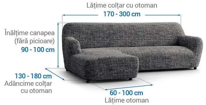 Huse bielastice VITTORIA gri canapea cu otoman stânga (l. 170 - 300 cm)