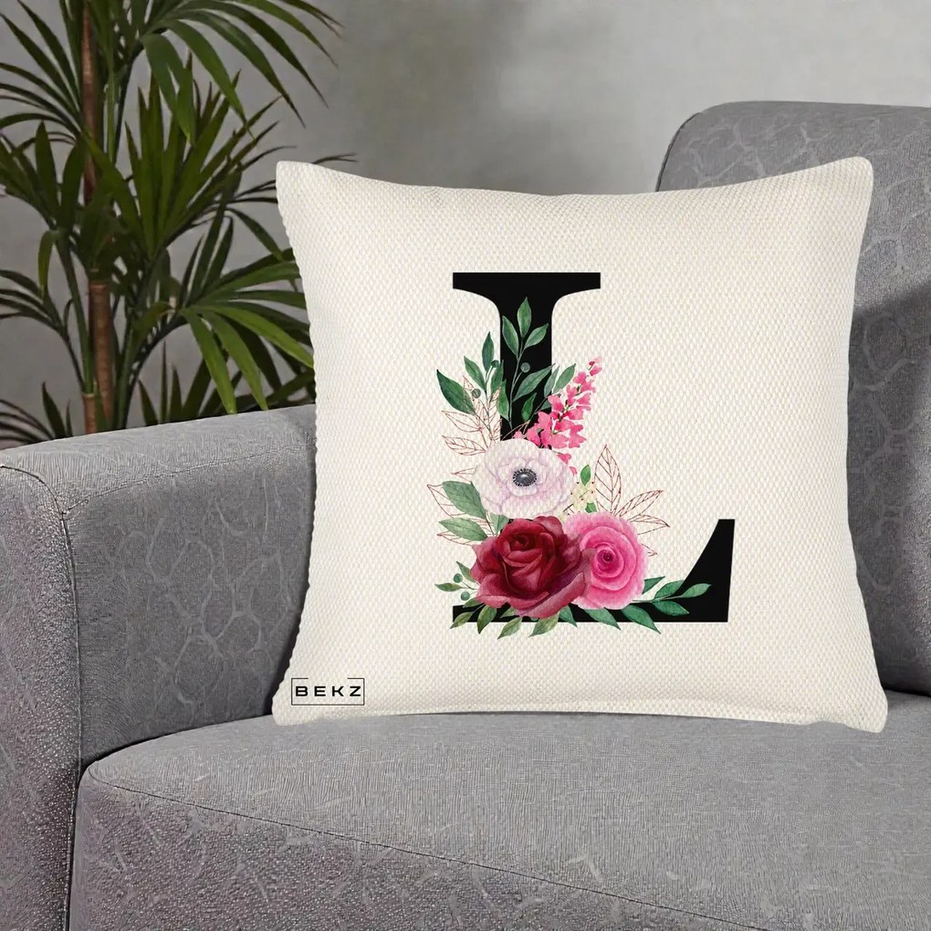 Cadou Personalizat - Perna Personalizata Monograma Florala Litera L, 40x40 cm, Crem Reliefat, Husa Detasabila, Perna Inclusa, BEKZ®