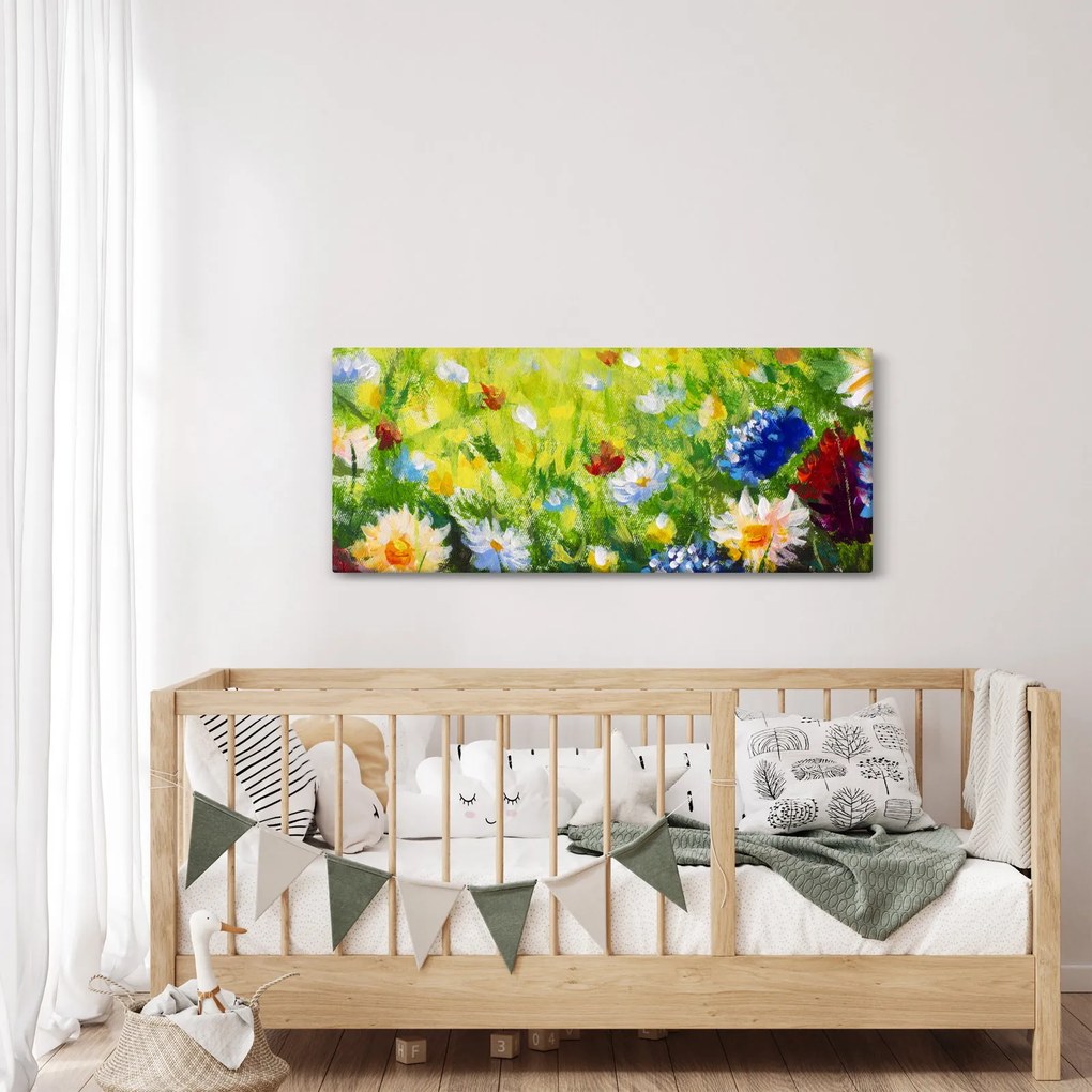 Tablou - Pictură în ulei, pajiște înflorită (120x50 cm)