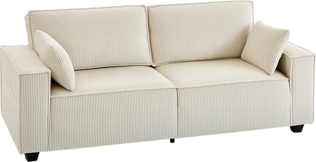 HOMCOM Canapea 3 locuri din velur canelat 218 cm, canapea de living, perne cu arcuri, cotiere late, 2 perne, bej | Aosom Romania