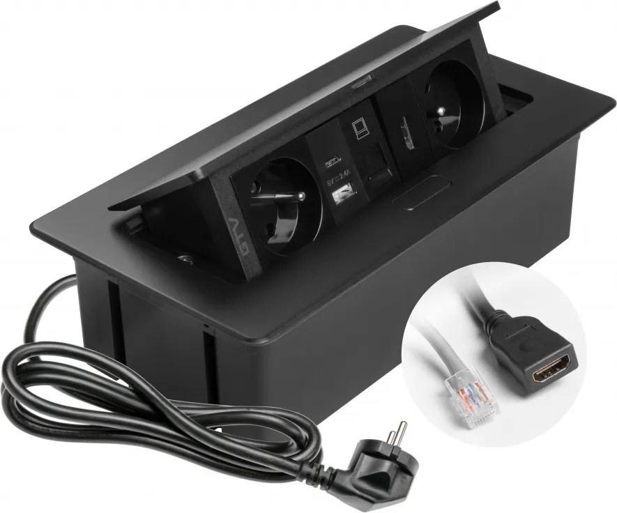 Priza incorporabila in blat Multi Soft GTV, 2 prize Schuko, USB A + C, HDMI, RJ45, negru, 240 x 120 mm Aluminiu Plastic, Negru, L:240 mm; l:120 mm;