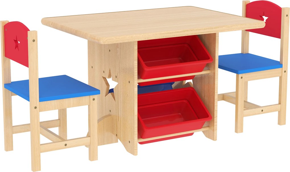 AIYAPLAY Set Masă și Scaune pentru Copii 3-7 Ani, cu 2 Scaune și 4 Compartimente de Depozitare, 77x57x50 cm, Lemn Natural | Aosom Romania