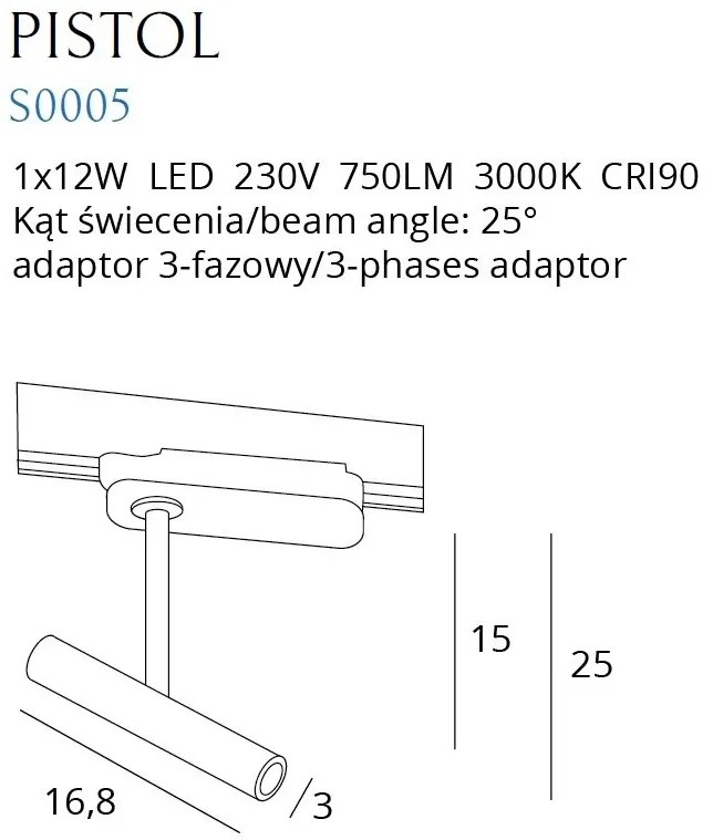Spot LED directionabil pentru sina trifazata MAXLIGHT, PISTOL alb