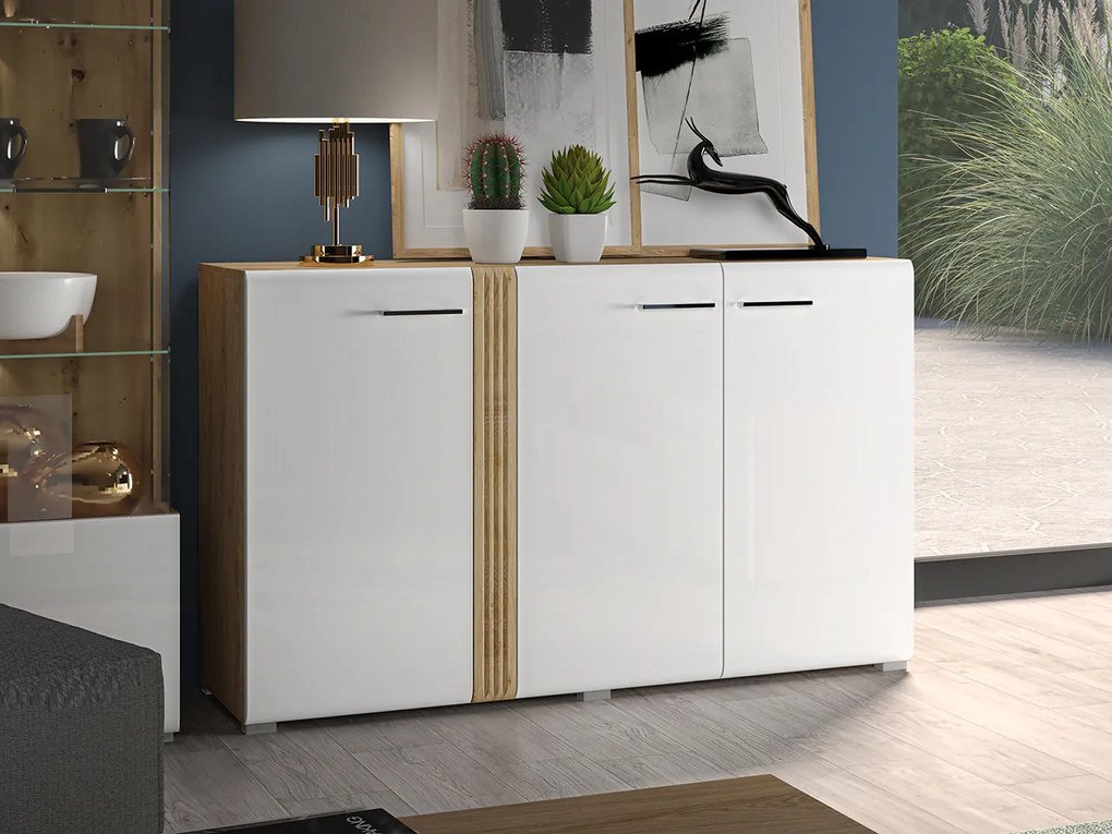 Comoda cu 3 usi, alb lucios+stejar, 150x90x42 cm, canturi abs, inchidere silentioasa usa , sertare extensie totala alb lucios stejar, 150 cm, 90 cm,