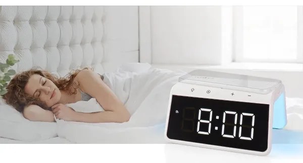 Nedis WCACQ30WT - Ceas cu alarmă, ecran LCD și încărcător wireless 15W/5V alb