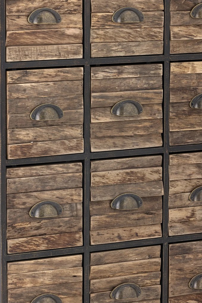Comodă cu multe sertare, industrială, din metal și lemn, negru, cu 12 sertare, mânere scoică și picioare metalice, 92 x 60,5 x 33,5 cm, „Matteo”