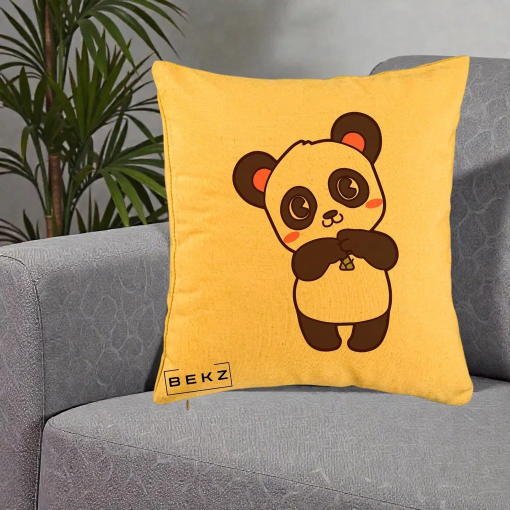 Perna Personalizata Panda Kawaii cu Bambus, 40x40 cm, Galben, Husa Detasabila, Perna Inclusa, BEKZ®