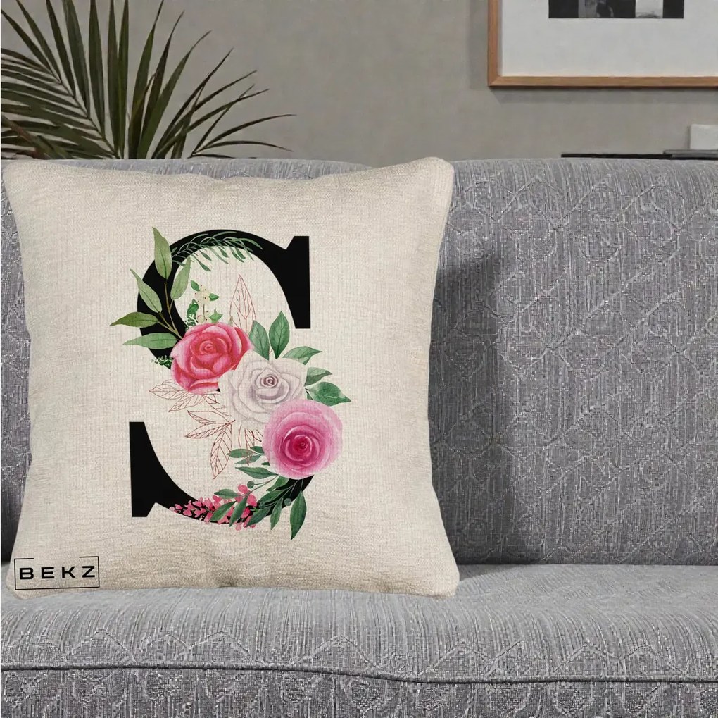 Cadou Personalizat - Perna Personalizata Monograma Florala Litera S, 40x40 cm, Bej Canapea, Husa Detasabila, Perna Inclusa, BEKZ®
