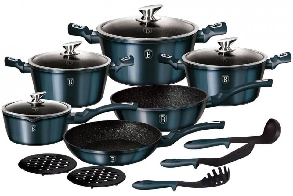 Set oale si tigai marmorate (15 piese) din aluminiu forjat Aquamarine Metalic Line Berlinger Haus BH 1885N