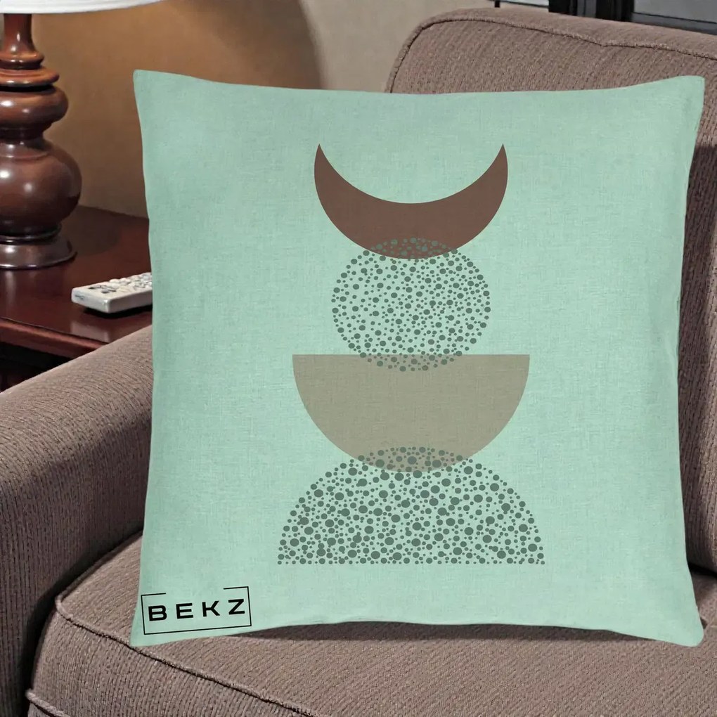 Perna Decorativa Boho Luna Plina si Forme Punctate, 40x40 cm, Verde Menta, Husa Detasabila, Perna Inclusa, BEKZ®