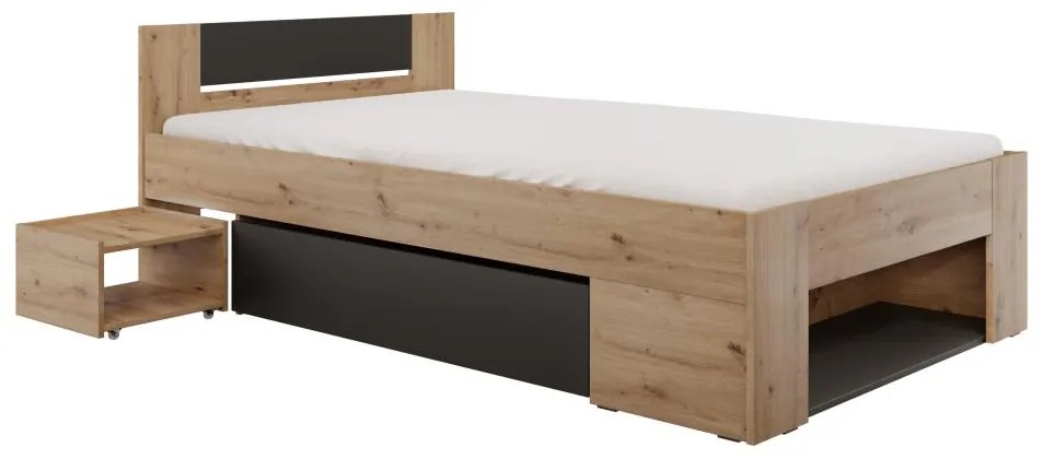 Pat de o persoană 120 cm Uniforme (stejar artisan + antracit) (cu sp. depozitare). 1116534
