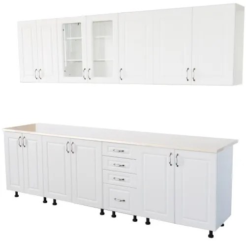 Bucatarie Zebra 260 cm din MDF Alb Mat cu blat termoizolant imitatie Alb / Bej