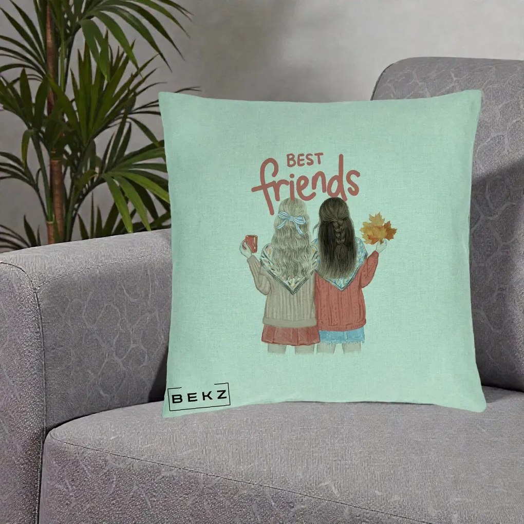 Cadou pentru Prieteni - Perna Personalizata Best Friends Toamna, 40x40 cm, Verde Menta, Husa Detasabila, Perna Inclusa, BEKZ®