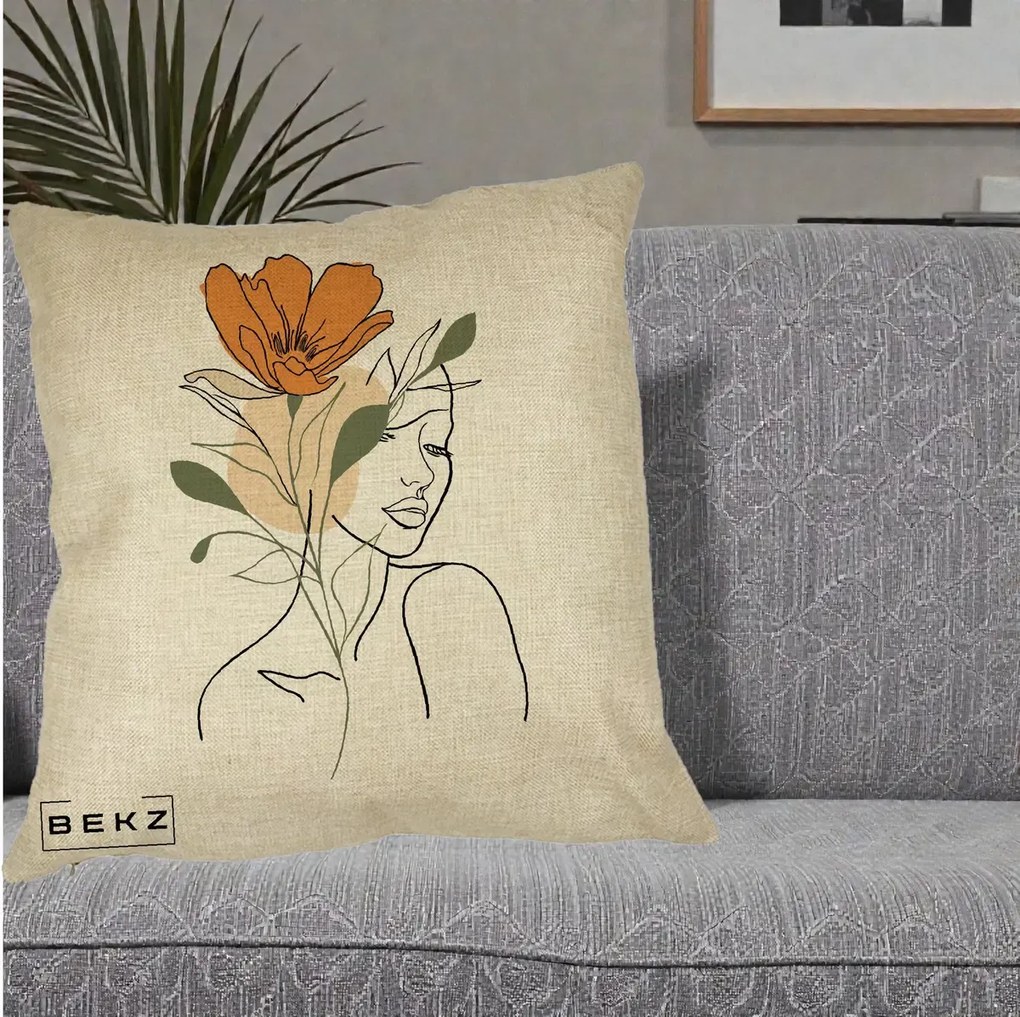 Perna Decorativa Portret Feminin Floare Portocalie, 40x40 cm, Crem, Husa Detasabila, Perna Inclusa, BEKZ®