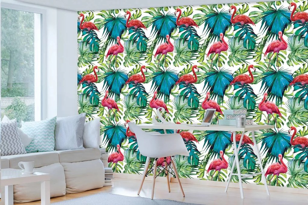 Fototapet - păsări flamingo și frunze (254x184 cm)