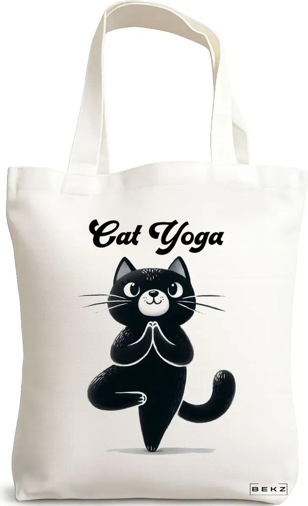 Sacosa de Panza pentru Cumparaturi, Geanta Tote Yoga Cat, 38x34.5 cm, Alba, BEKZ®
