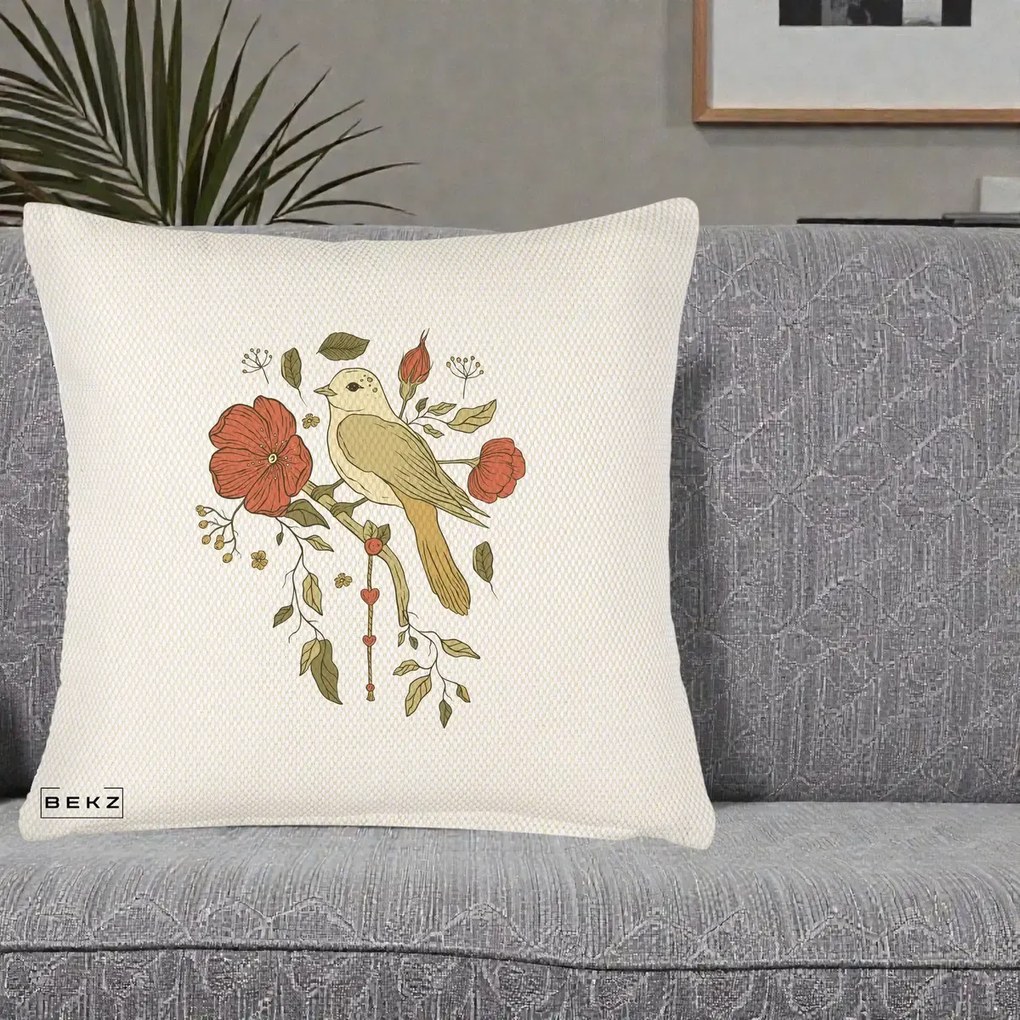 Perna Decorativa Pasare pe Ramura cu Maci, 40x40 cm, Crem Reliefat, Husa Detasabila, Perna Inclusa, BEKZ®