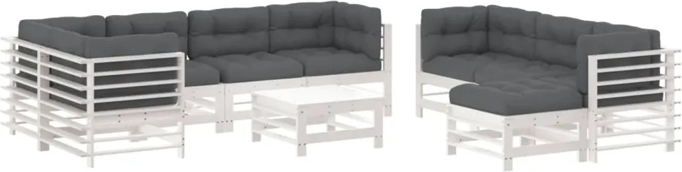 vidaXL Set mobilier de grădină cu perne, 10 piese, alb, lemn masiv