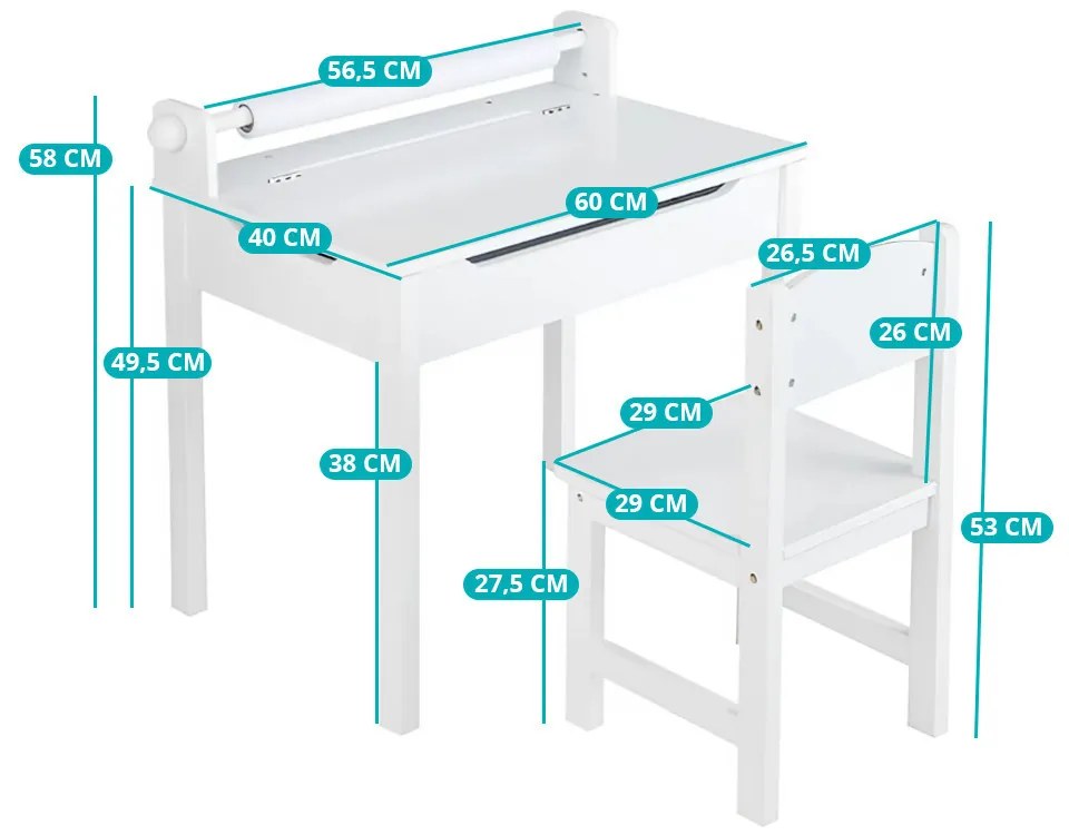 Măsuță pentru copii cu scaun și blat rabatabil, alb
