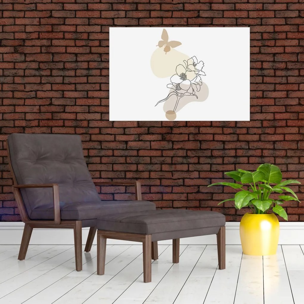 Tablou - Flori bej cu fluture N⁰3 (90x60 cm)