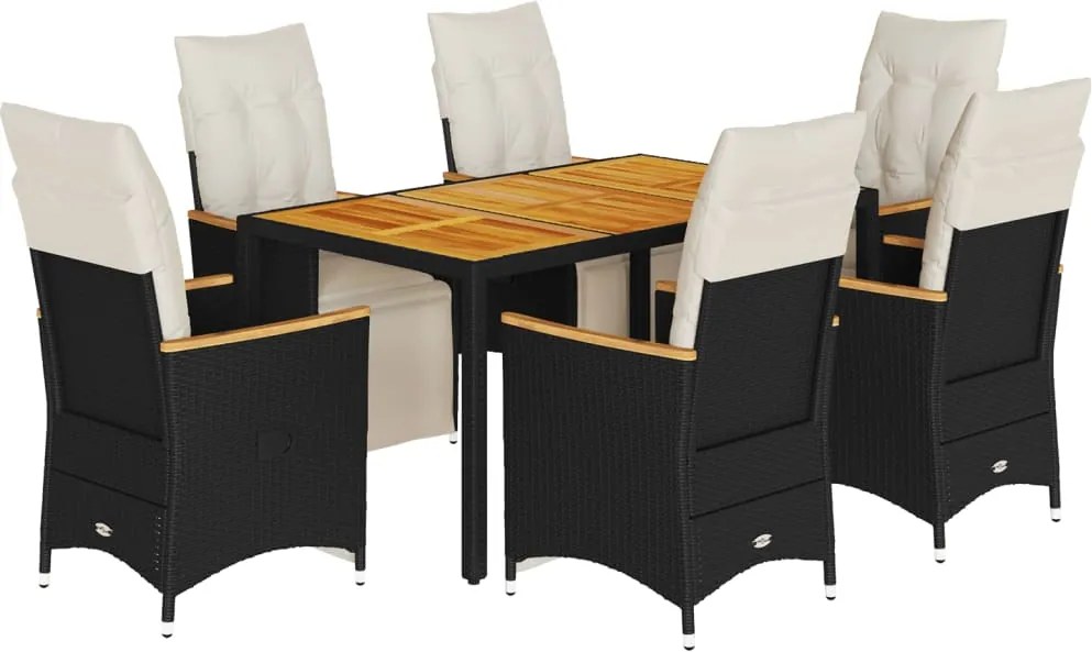 vidaXL Set bistro de grădină, 7 piese, cu perne, negru, poliratan