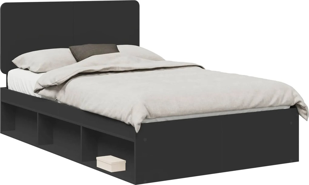 vidaXL Cadru de pat cu headboard Negru 135 x 190 cm Lemn de pin masiv