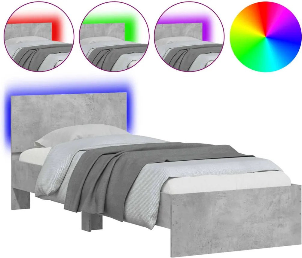 vidaXL Cadru de pat cu tăblie și lumini LED, gri beton, 90x200 cm