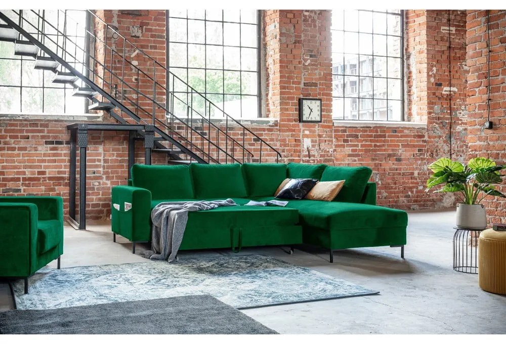 Colțar verde închis extensibil cu tapițerie din catifea (cu colț pe partea dreaptă) Lofty Lilly – Miuform