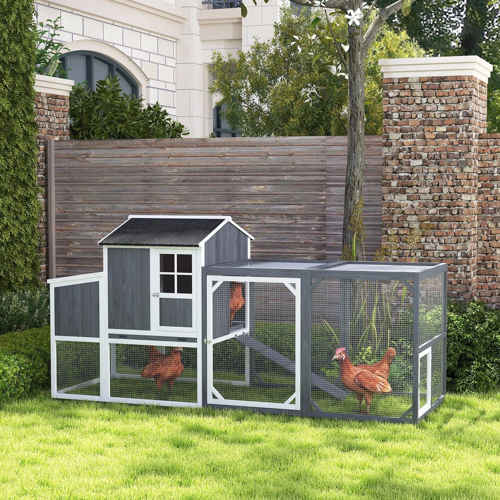 PawHut Coteț pentru găini cu tarc pentru 3-4 găini, cuib în 3 părți, suprafață 1,9 m², lemn de brad, gri | Aosom Romania