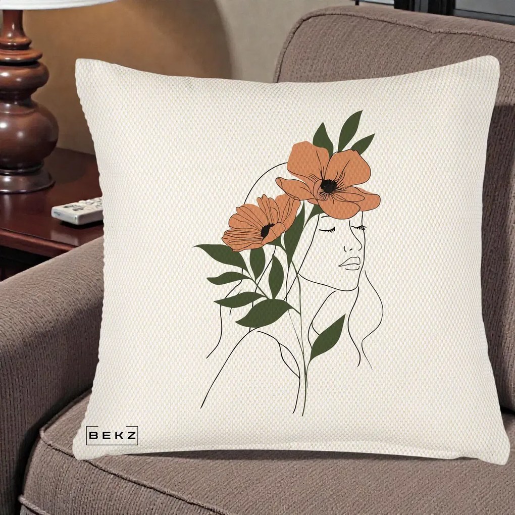 Perna Decorativa Portret Feminin Doua Maci Terracotta, 40x40 cm, Crem Reliefat, Husa Detasabila, Perna Inclusa, BEKZ®