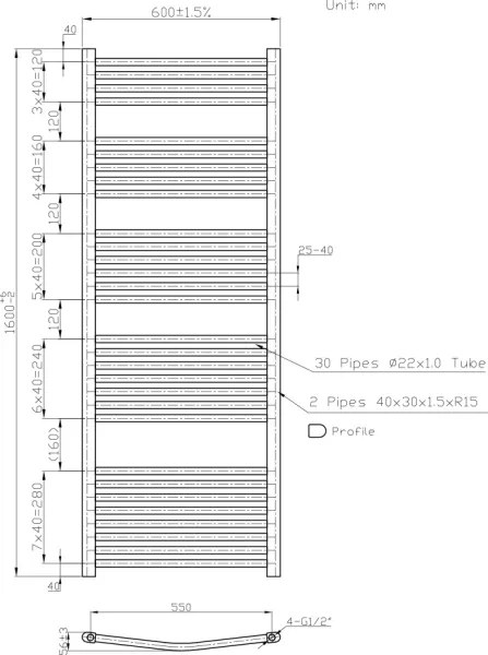 Novaservis - Radiator pentru baie, tip scară 836W/230V 160x60 cm, alb, cu design rotunjit